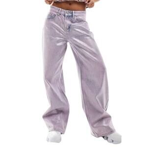 The Ragged Priest Mid Rise Slouch Relaxed Jeans in Pink Metallic Denim, Size 34